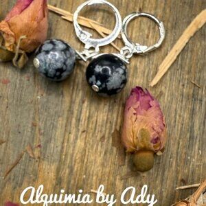 SNOWFLAKE OBSIDIAN  SILVER HOOPS